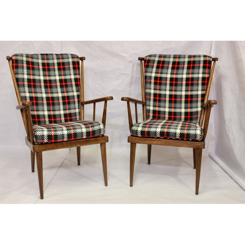 Pair of vintage Baumann armchairs checkered fabric 1960s