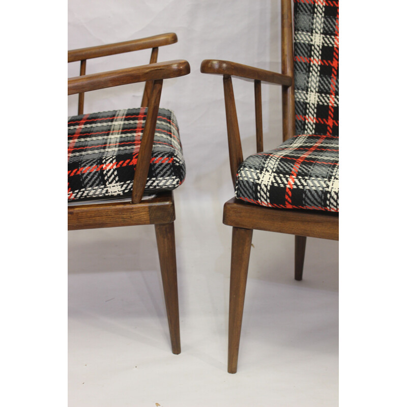 Pair of vintage Baumann armchairs checkered fabric 1960s