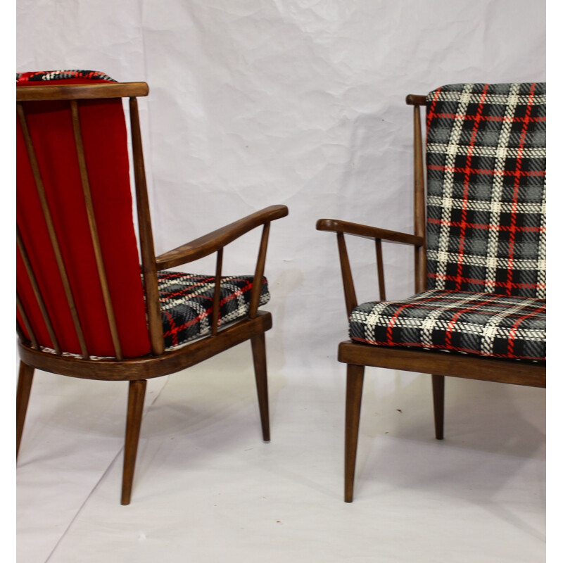 Pair of vintage Baumann armchairs checkered fabric 1960s