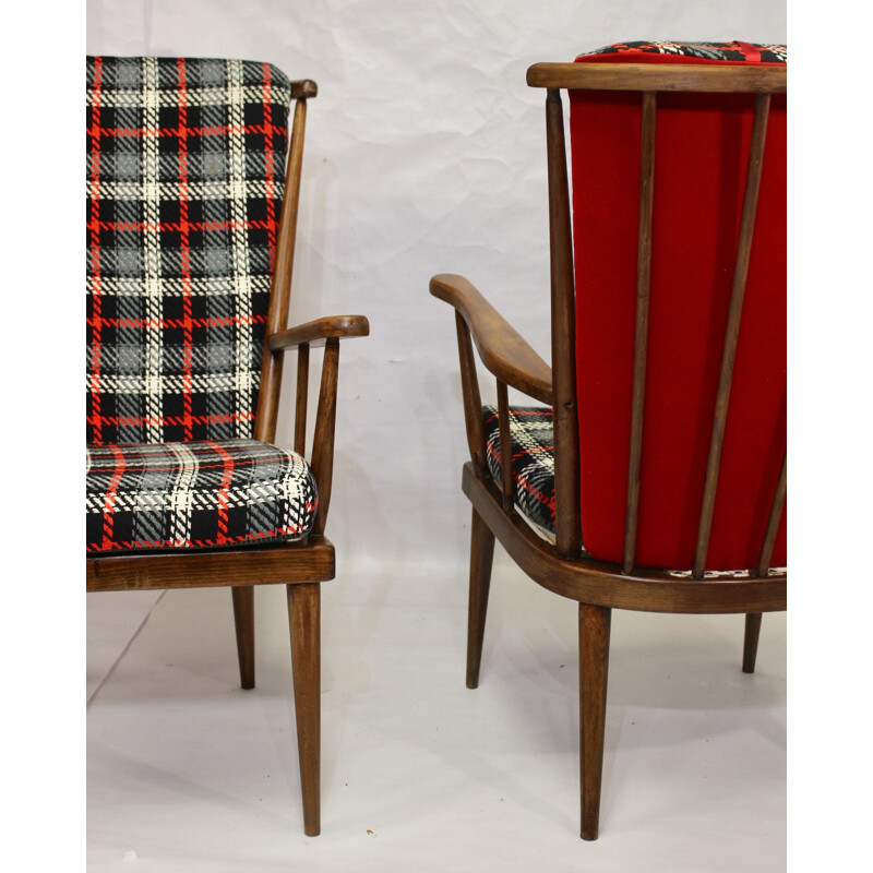 Pair of vintage Baumann armchairs checkered fabric 1960s