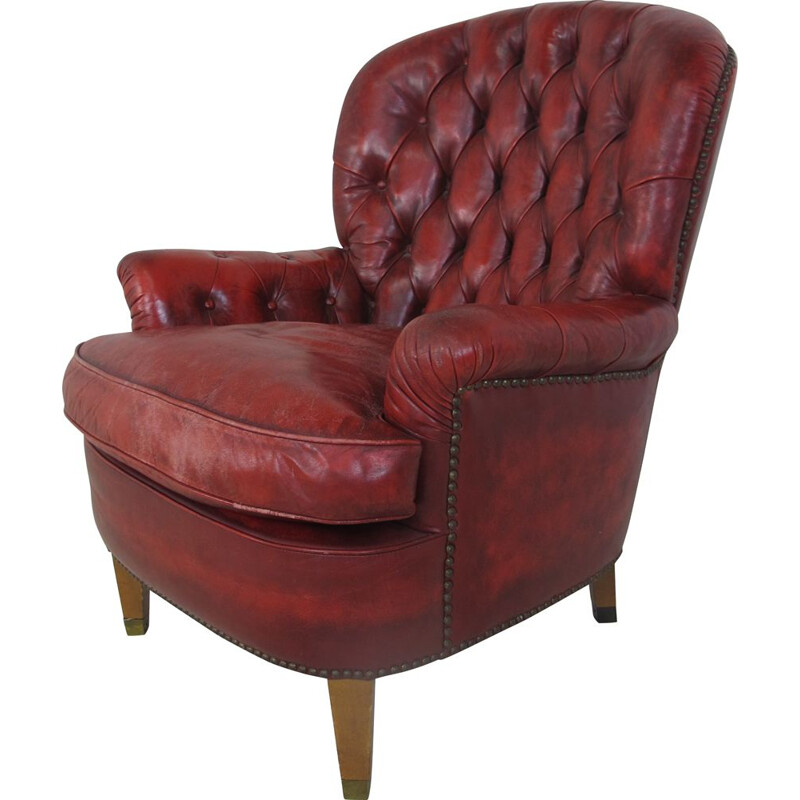 Lounge Chair Red Leather Chesterfield , 1970s