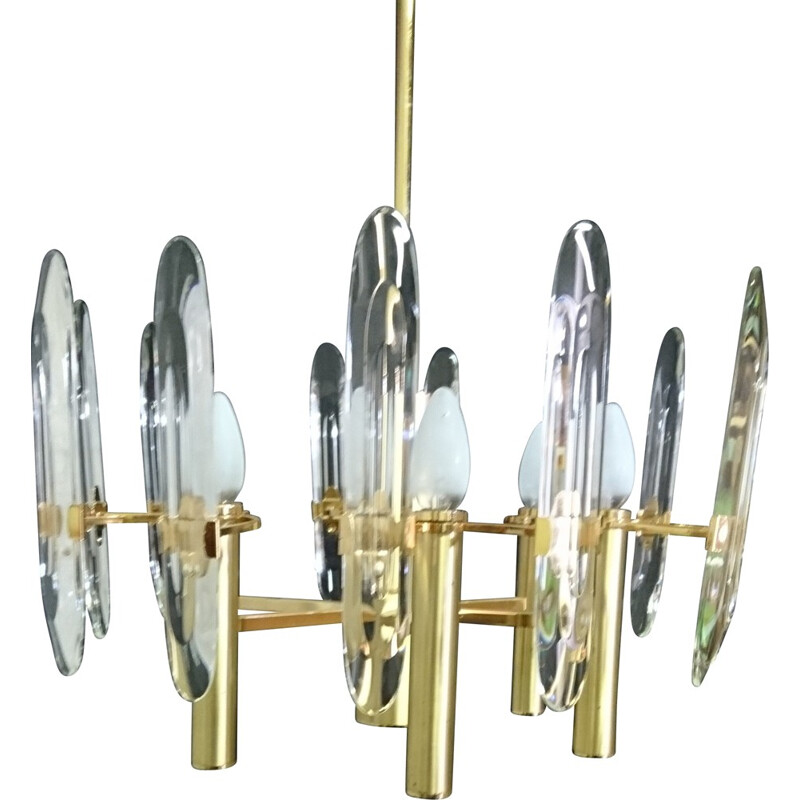 Ensemble d'un lustre et de 3 appliques en laiton et cristal, Gaetano SCIOLARI - 1969