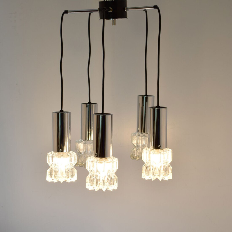 Lustre cascade vintage 5 suspensions, chrome et verre 