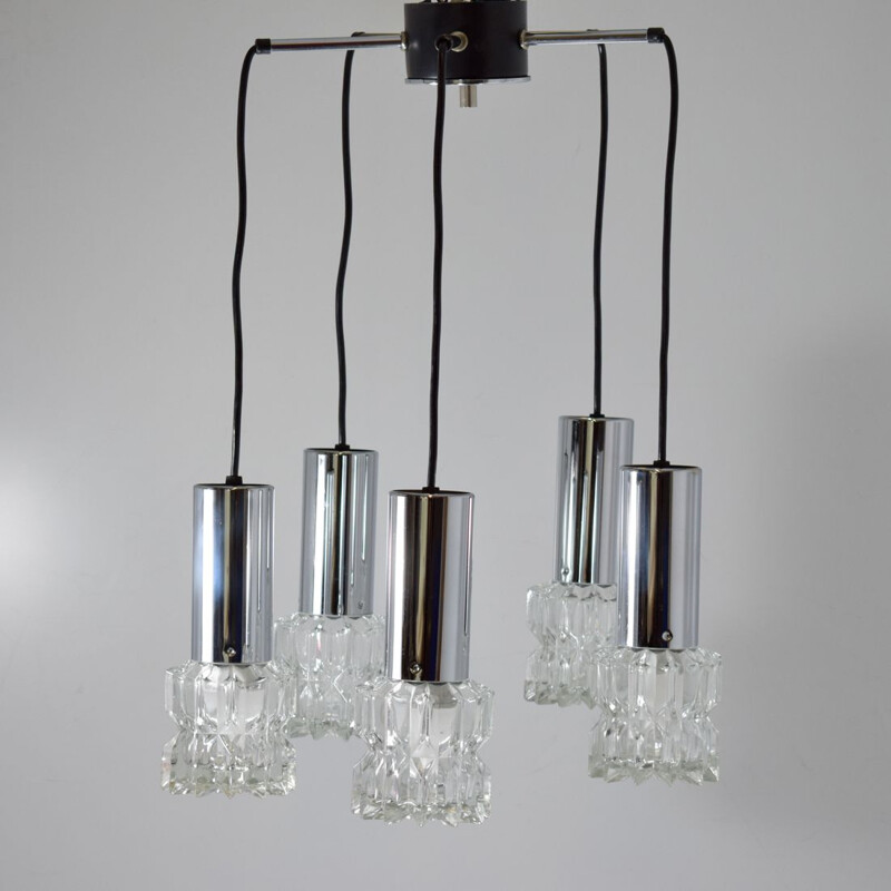 Vintage waterfall chandelier 5 suspensions, chrome and glass 