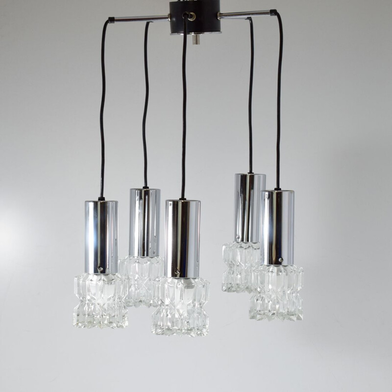 Vintage waterfall chandelier 5 suspensions, chrome and glass 