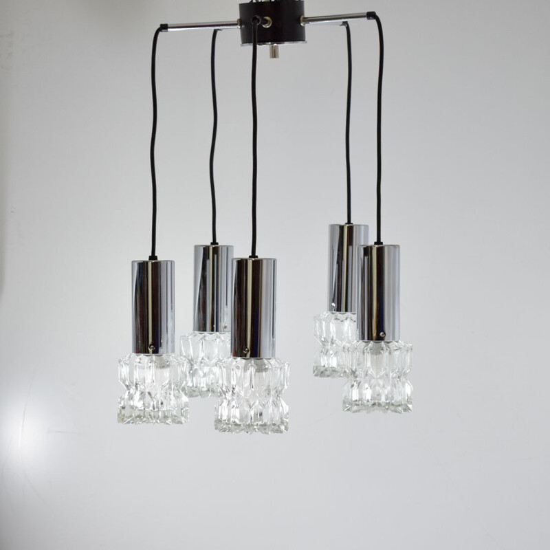 Lustre cascade vintage 5 suspensions, chrome et verre 