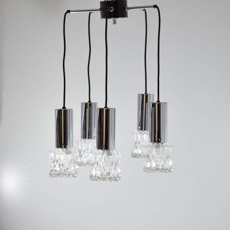 Vintage waterfall chandelier 5 suspensions, chrome and glass 