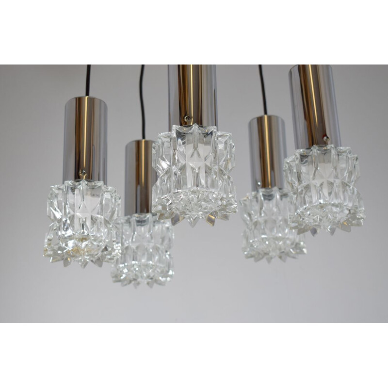 Vintage waterfall chandelier 5 suspensions, chrome and glass 