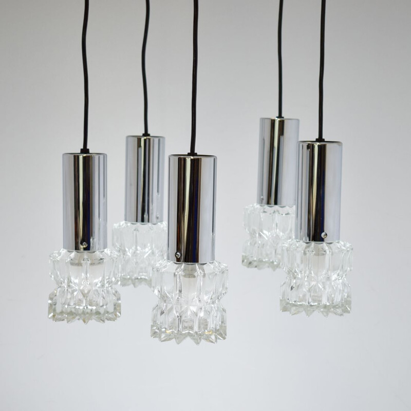 Vintage waterfall chandelier 5 suspensions, chrome and glass 