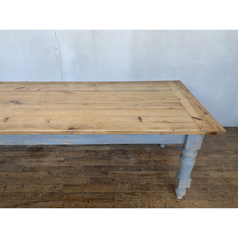 Grande table vintage de ferme en sapin, couleur gris bleuté