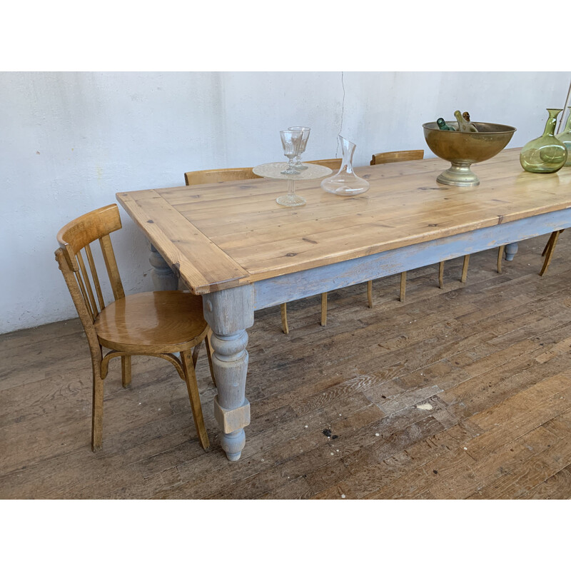Large vintage farm table in fir tree, bluish grey color