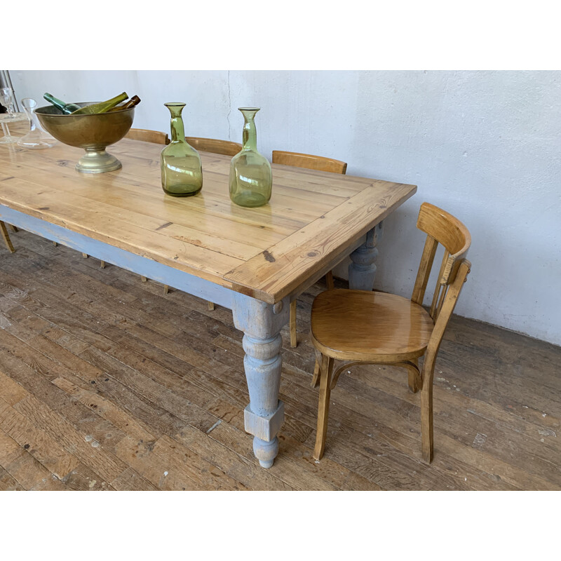 Large vintage farm table in fir tree, bluish grey color