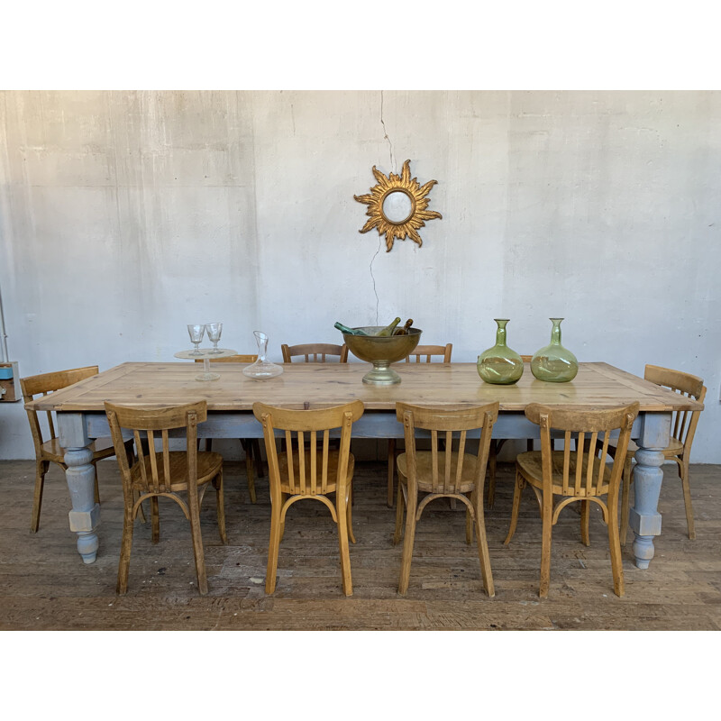 Grande table vintage de ferme en sapin, couleur gris bleuté