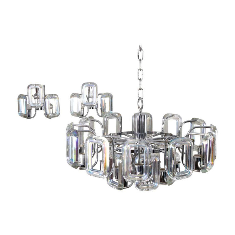 Large Set of Chandelier and Sconces vintage of Italian Modern Iridescent Glass Links