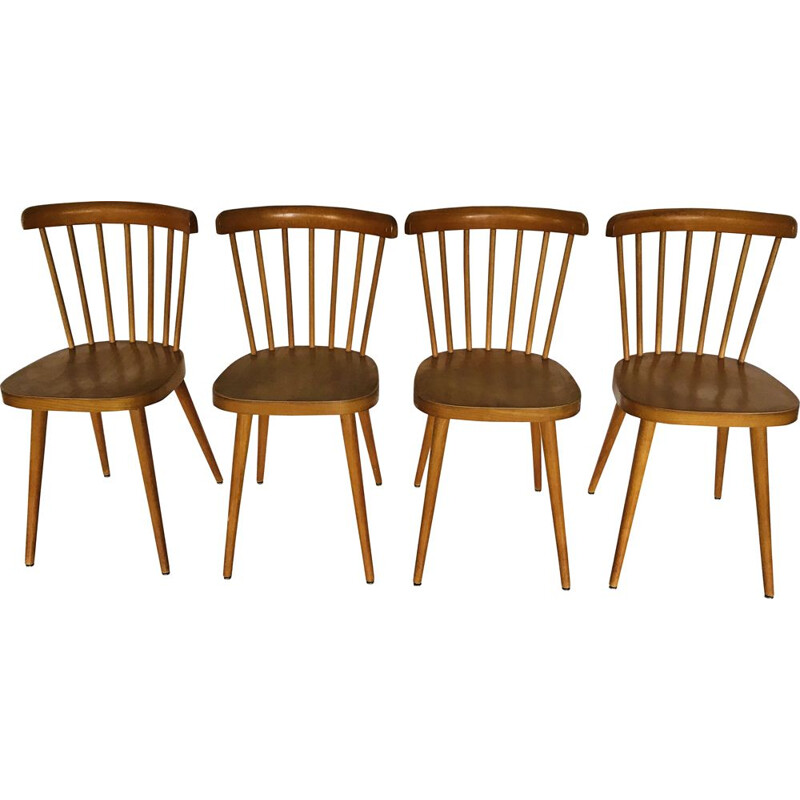Suite de 4 chaises vintage en hêtre bistrot Baumann, 1950