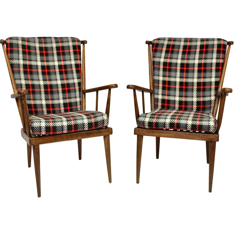 Paire de fauteuils vintage Baumann tissu carreaux 1960