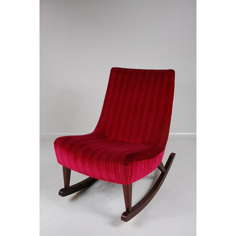 Rocking Chair vintage With red velvet upholstery and wooden base 1950s