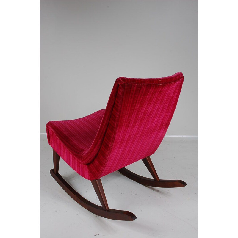 Rocking Chair vintage With red velvet upholstery and wooden base 1950s