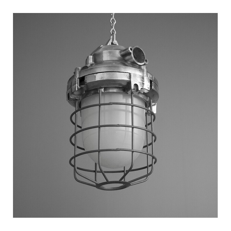 Industrial hanging lamp in steel and glass - 1950s