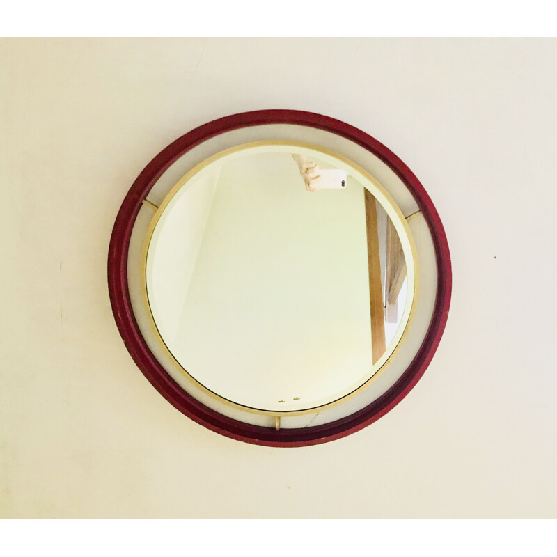 Round vintage mirror in red lacquered wood with brass trim, 1950