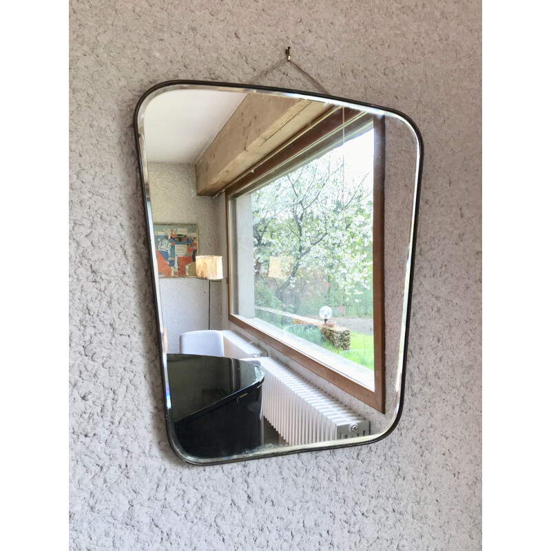 Vintage asymmetrical mirror, wooden stand, Italy, 1950