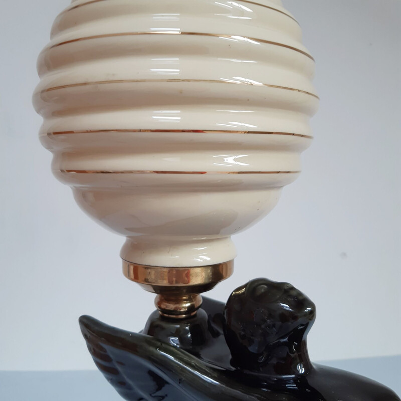 Lampe vintage décorative Art déco en céramique vert foncé italienne 