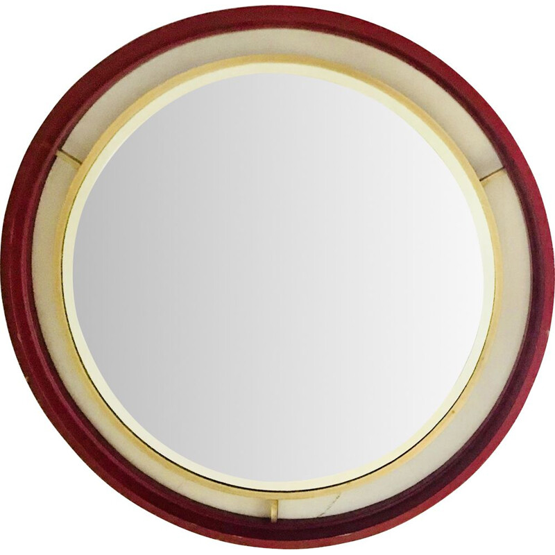 Round vintage mirror in red lacquered wood with brass trim, 1950