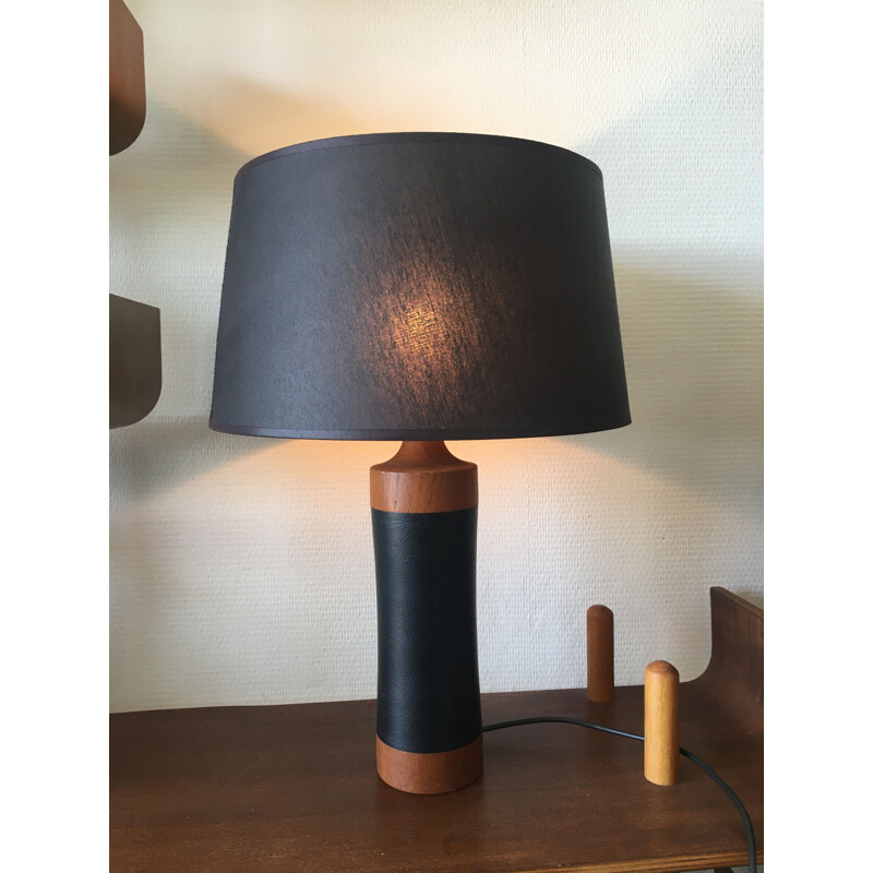 Table Lamp vintage Teak an Leather Mid-Century, Scandinavian 1950s