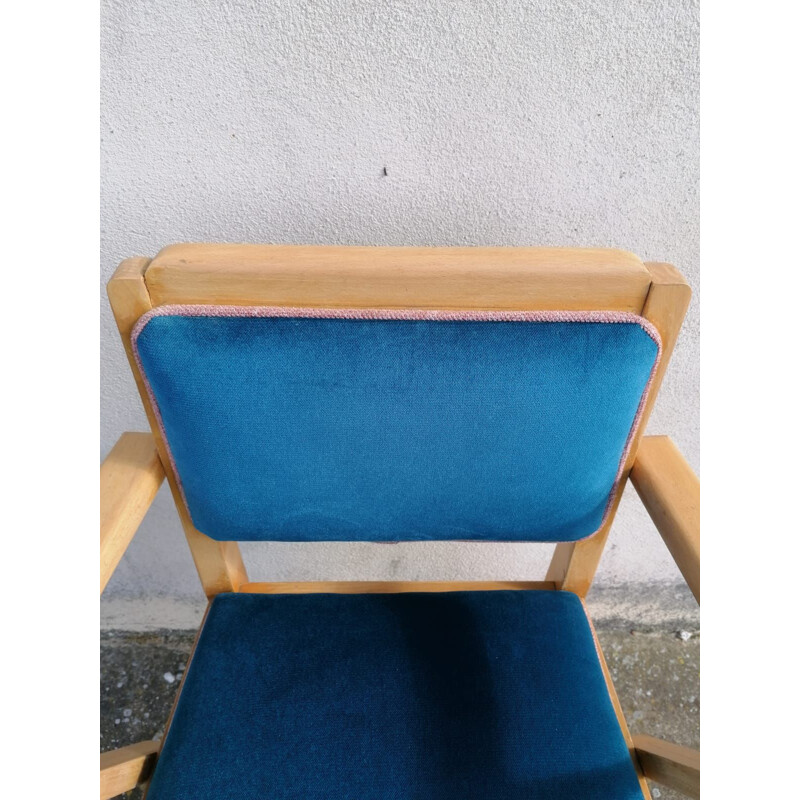Vintage Bridge fauteuil art deco blauw fluweel