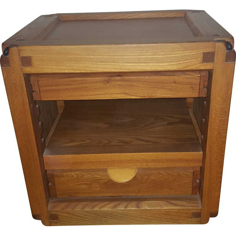 Side / bedside table in elm with 2 drawers, Pierre CHAPO - 1950s