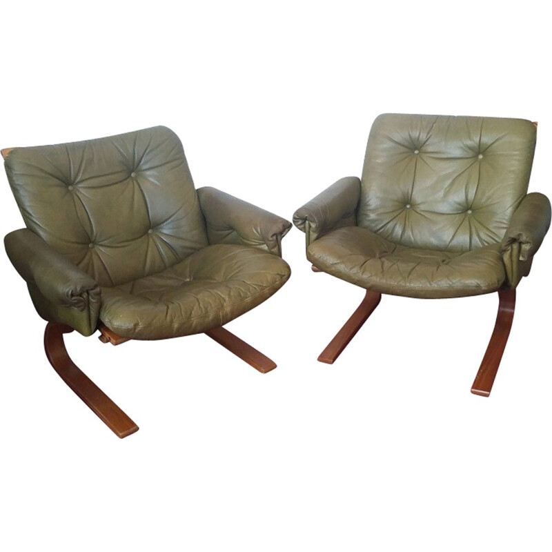 Pair of Scanvinavian green leather and teak armchairs, Oddvin RYKKEN - 1960s