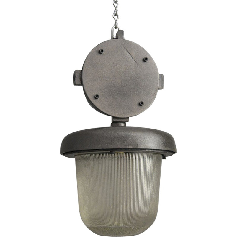Industrial hanging lamp in steel and glass - 1950s