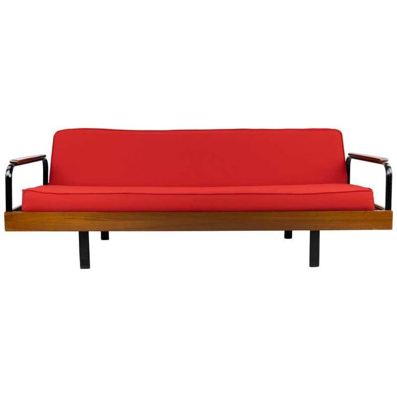 Set French Sofa and Armchairs mid century Iron and Red Canvas Prouve style, 1950s