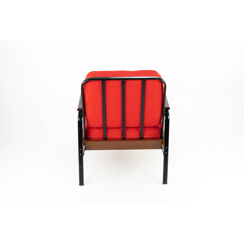 Ensemble Canapé et fauteuils français du milieu du siècle Style Prouve en fer et toile rouge, années 1950