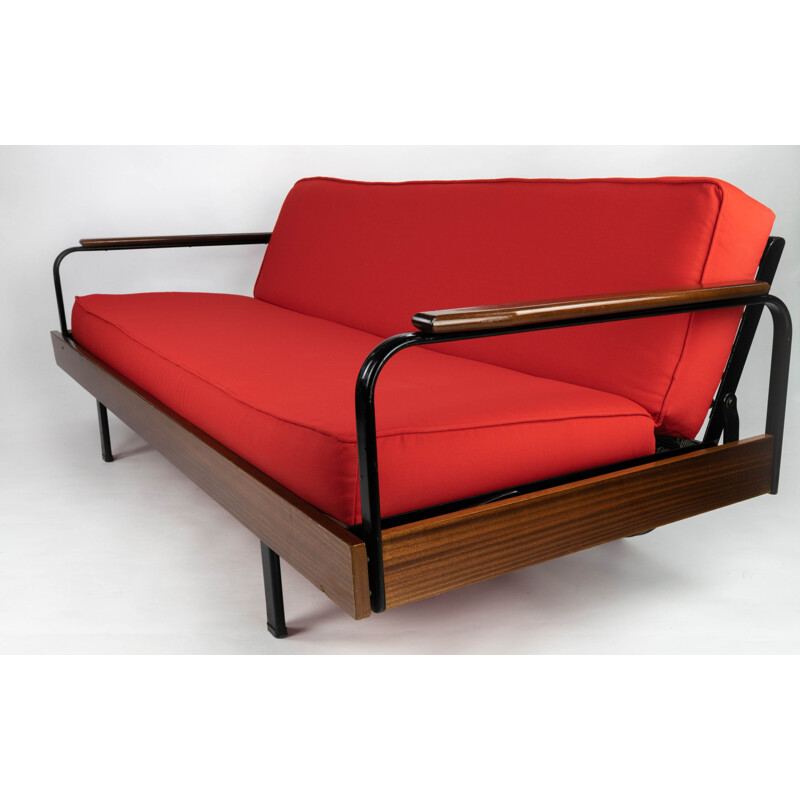 Set French Sofa and Armchairs mid century Iron and Red Canvas Prouve style, 1950s