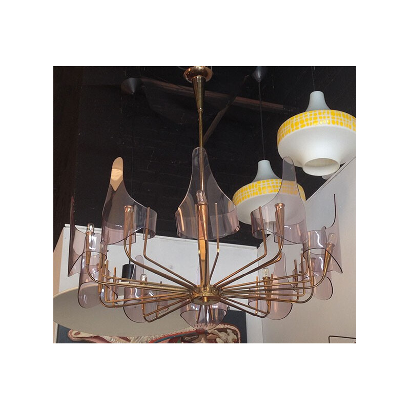 Fontana Arte Italian chandelier in brass and plexiglas - 1950s