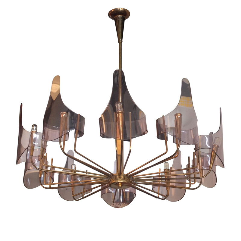 Fontana Arte Italian chandelier in brass and plexiglas - 1950s