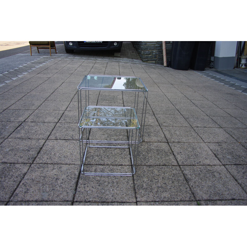 Pair of vintage coffee table in curved steel wire and chrome plated glass table top by Max Sauze