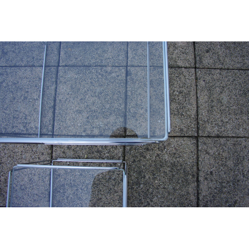 Pair of vintage coffee table in curved steel wire and chrome plated glass table top by Max Sauze