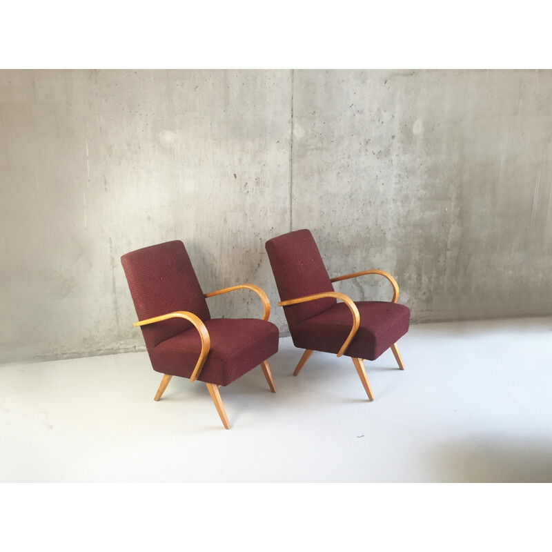 Spojene UP Zadovy pair of Czech chairs in beechwood and woollen fabric, Jindrich HALABALA - 1960s