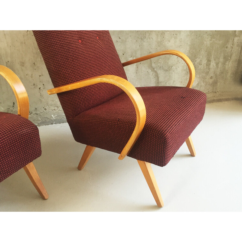 Spojene UP Zadovy pair of Czech chairs in beechwood and woollen fabric, Jindrich HALABALA - 1960s