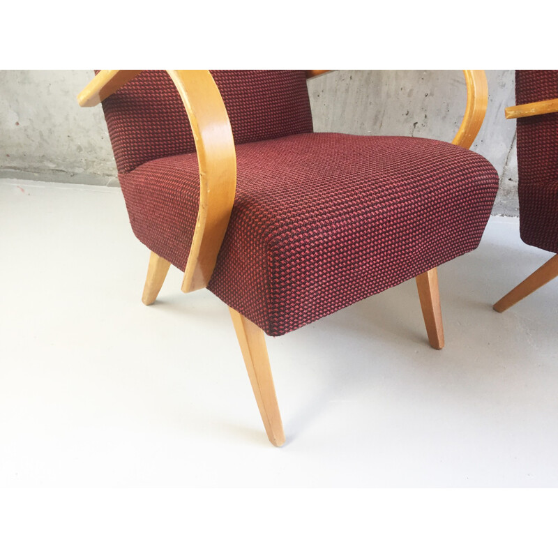 Spojene UP Zadovy pair of Czech chairs in beechwood and woollen fabric, Jindrich HALABALA - 1960s