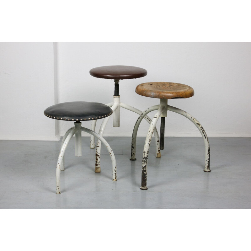 Set of 3 adjustable vintage industrial swivel stools