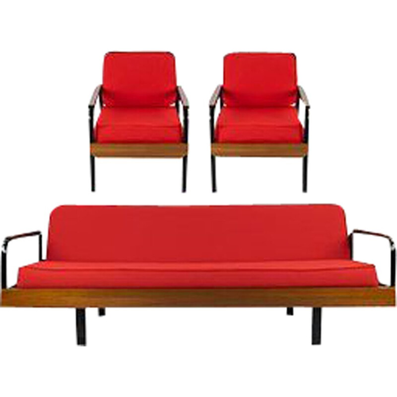 Set French Sofa and Armchairs mid century Iron and Red Canvas Prouve style, 1950s