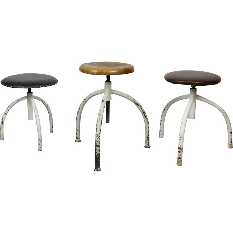 Set of 3 adjustable vintage industrial swivel stools