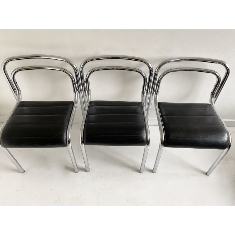 Lot de 6 chaises de salle à manger vintage T5 en cuir et chrome tubulaire par Rodney Kinsman,1960