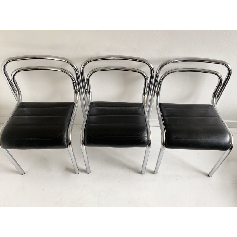 Set of 6 Dining Chairs Leather and Tubular Chrome T5 by Rodney Kinsman,1960