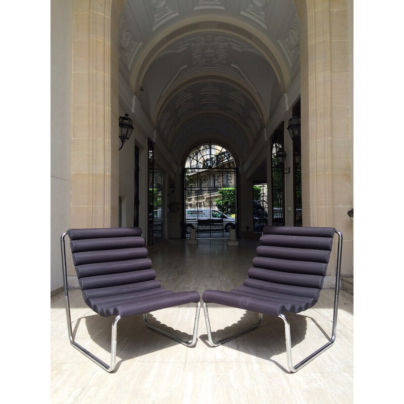 Pair of tubular steel and grey fabric easy chairs - 1970s