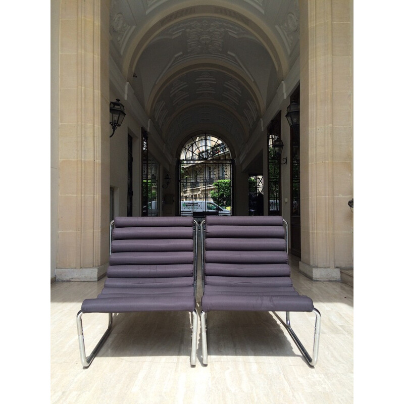 Pair of tubular steel and grey fabric easy chairs - 1970s