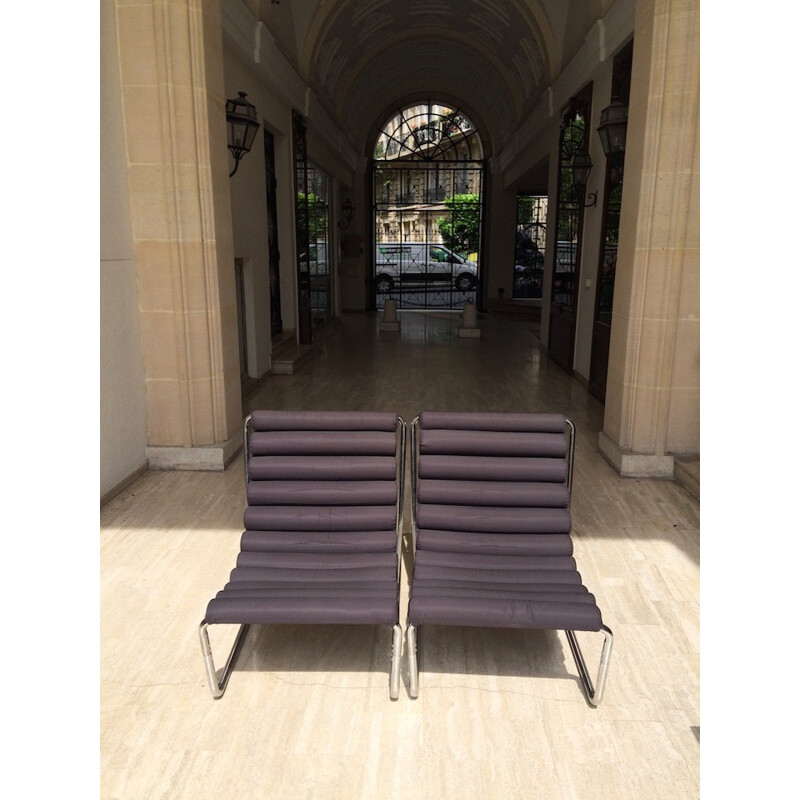 Pair of tubular steel and grey fabric easy chairs - 1970s